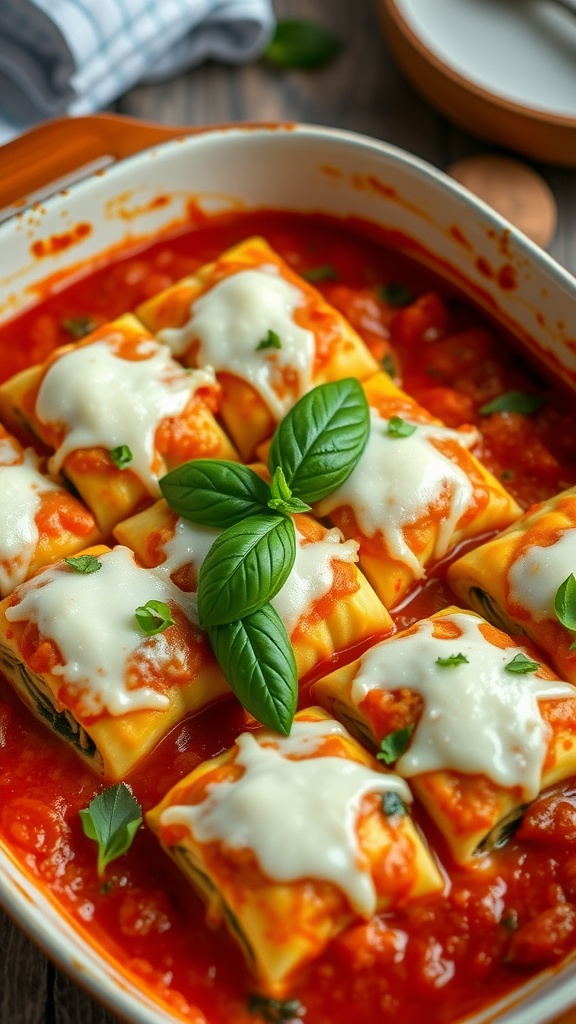 Cheesy spinach lasagna rolls topped with marinara sauce and mozzarella, garnished with basil, served in a baking dish.
